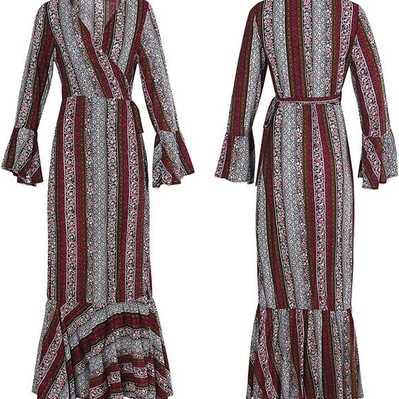 BOHO Womens Summer Long SLEEVE FLIRTY Sexy WRAP Maxi Dress *NEW* - Picture 7 of 10